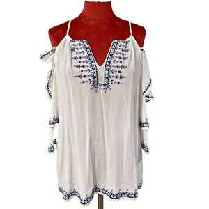 Joy Joy Size L White Gauzy Embroidery Top Cold Shoulder Blouse Ruffle Sleeve